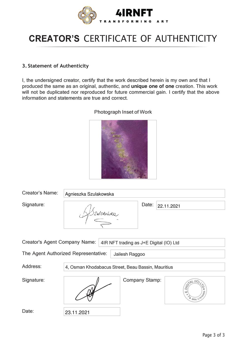 Certificate of Authenticity and Consignment - The Golden Violet Flame