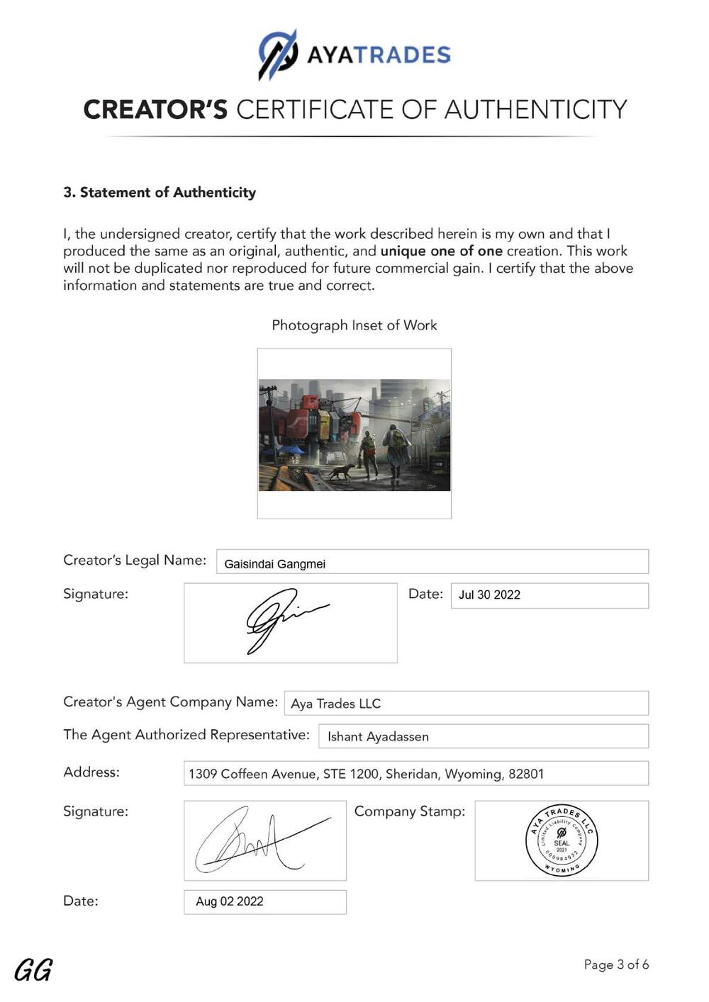 Certificate of Authenticity and Consignment - The Hideout