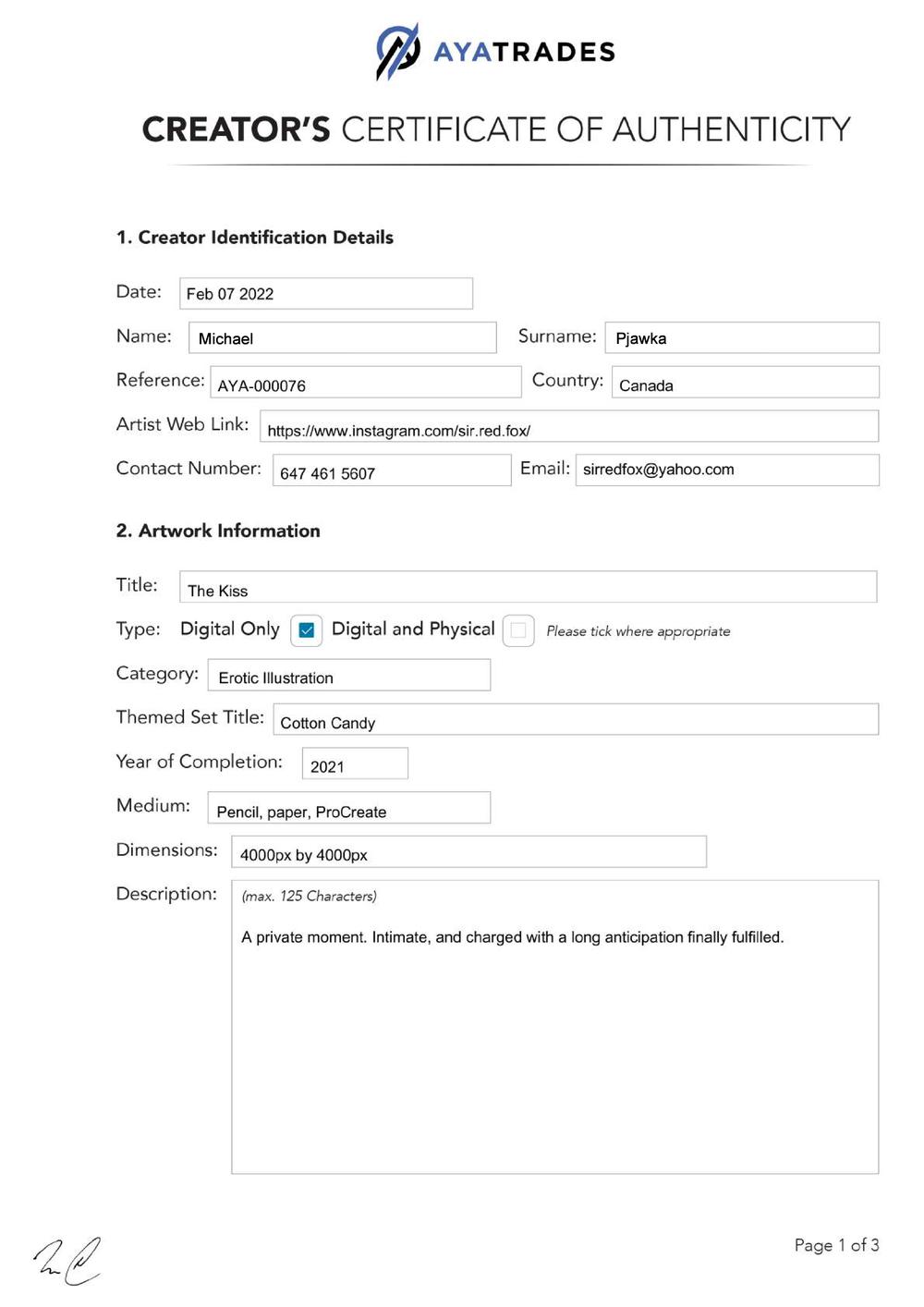 Certificate of Authenticity and Consignment - The Kiss