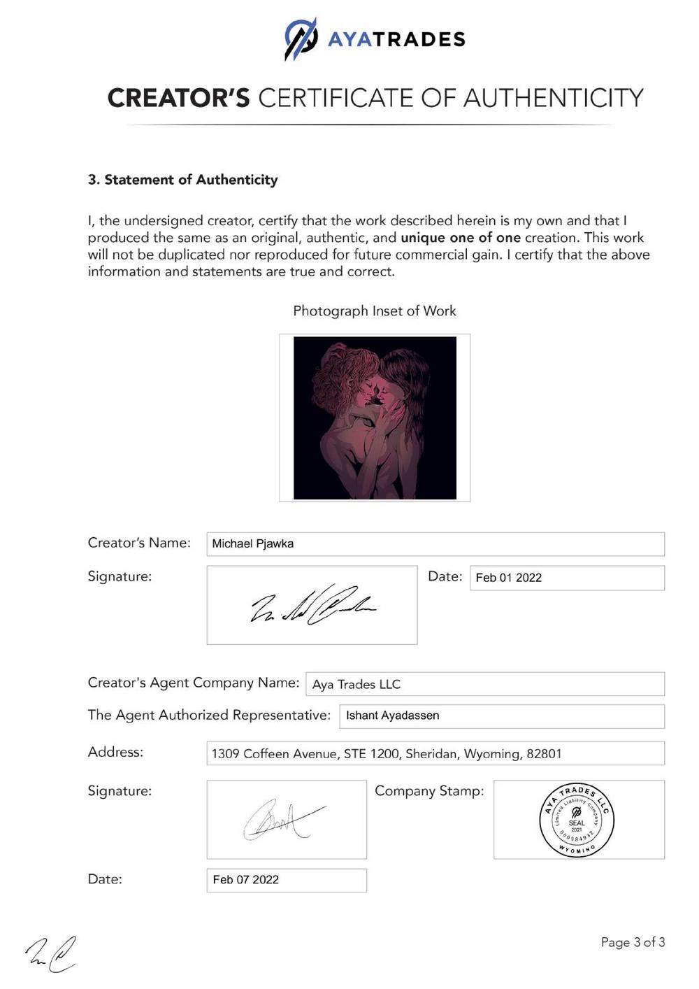 Certificate of Authenticity and Consignment - The Kiss