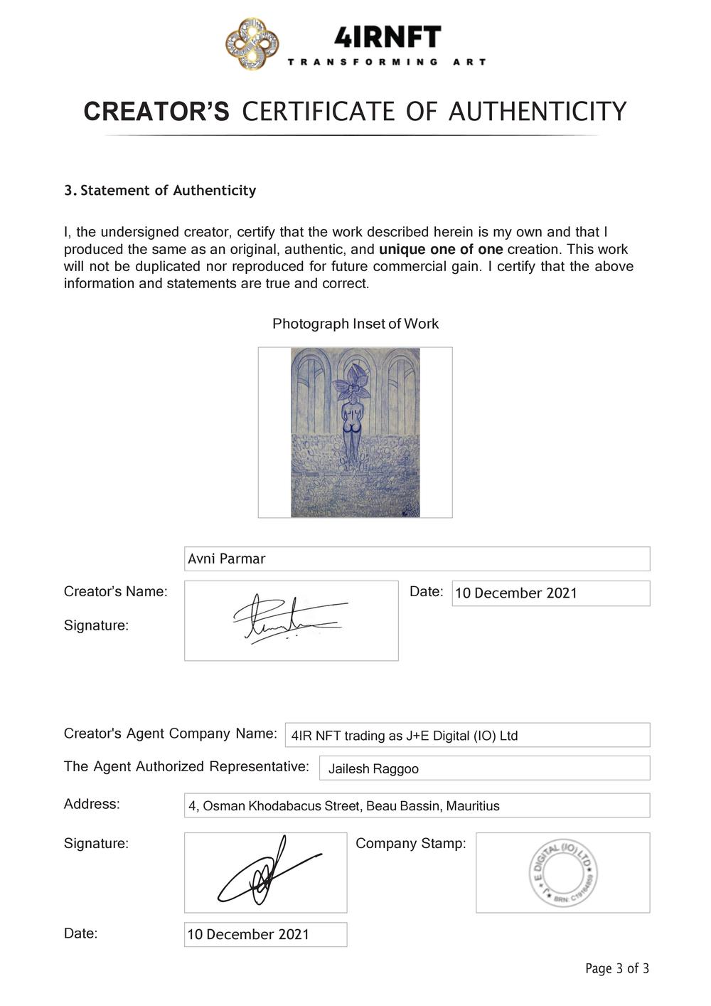 Certificate of Authenticity and Consignment - The Lady