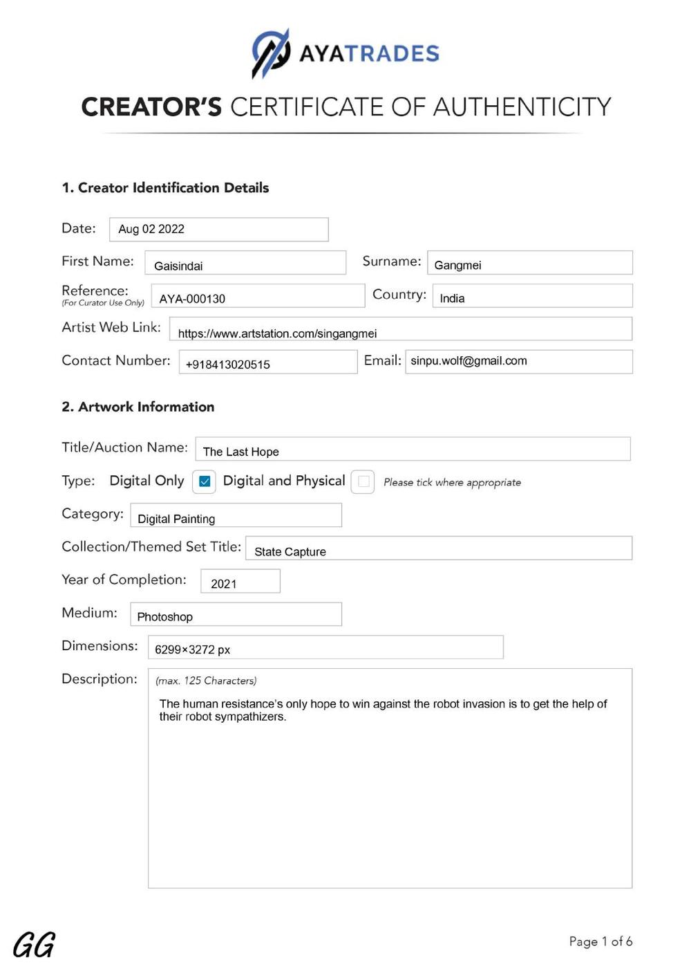 Certificate of Authenticity and Consignment - The Last Hope