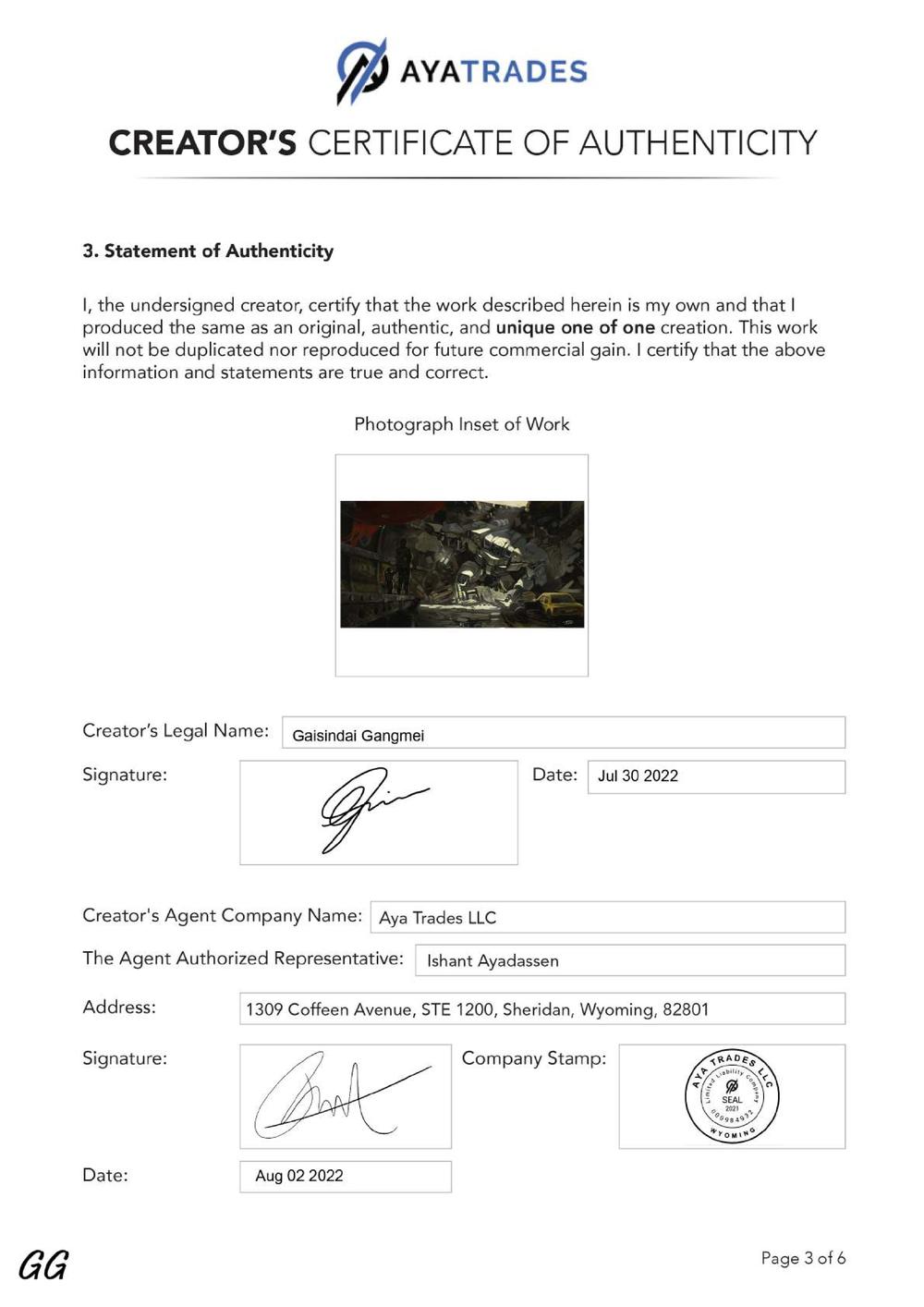 Certificate of Authenticity and Consignment - The Last Hope