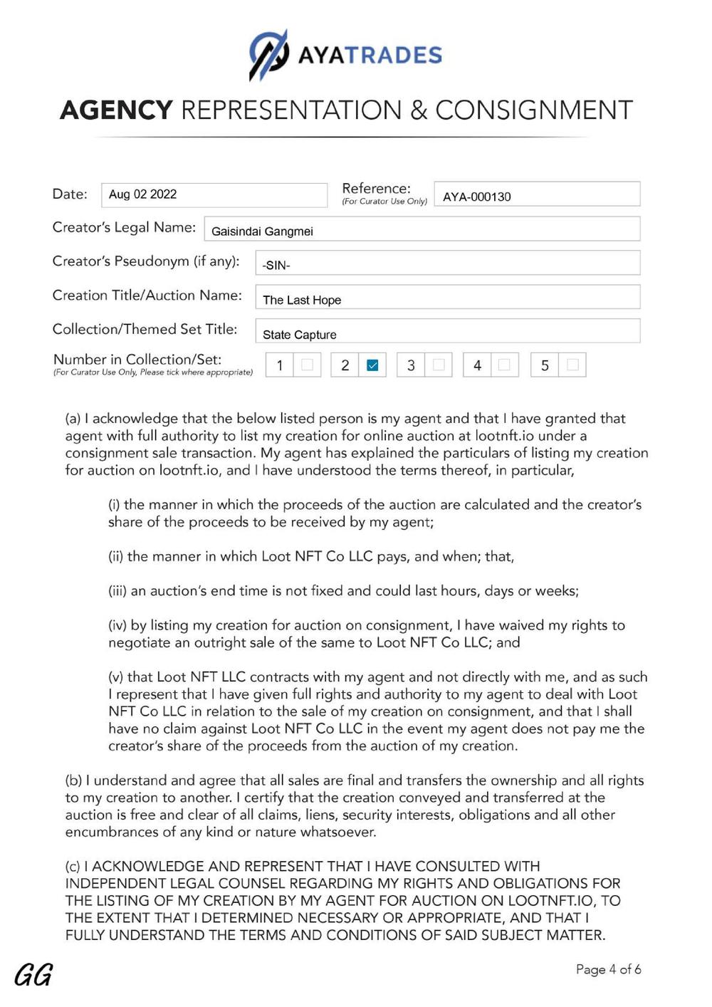 Certificate of Authenticity and Consignment - The Last Hope