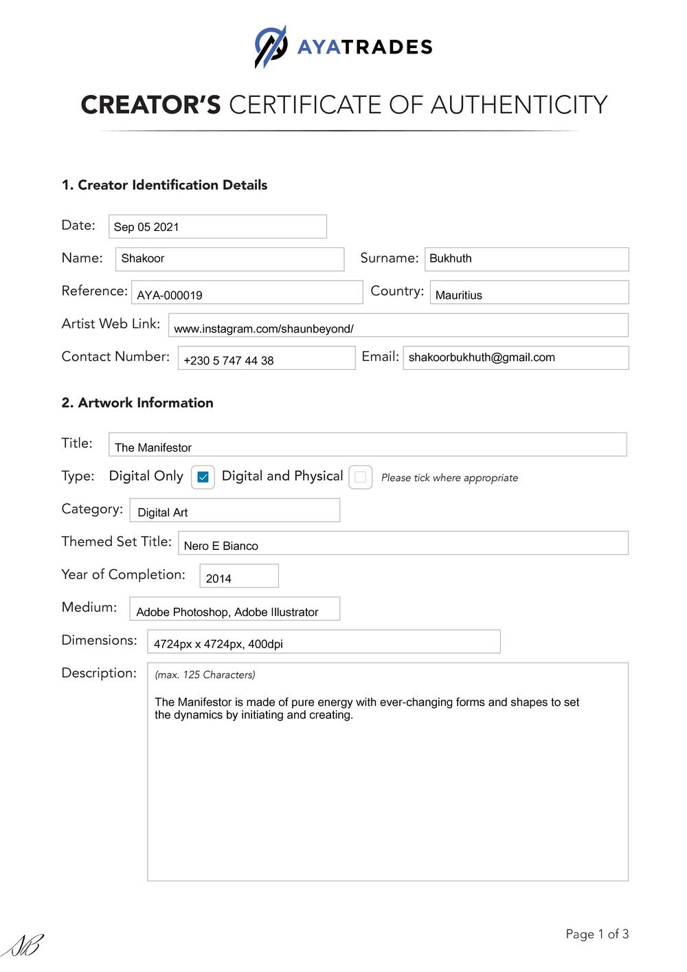 Certificate of Authenticity and Consignment - The Manifestor