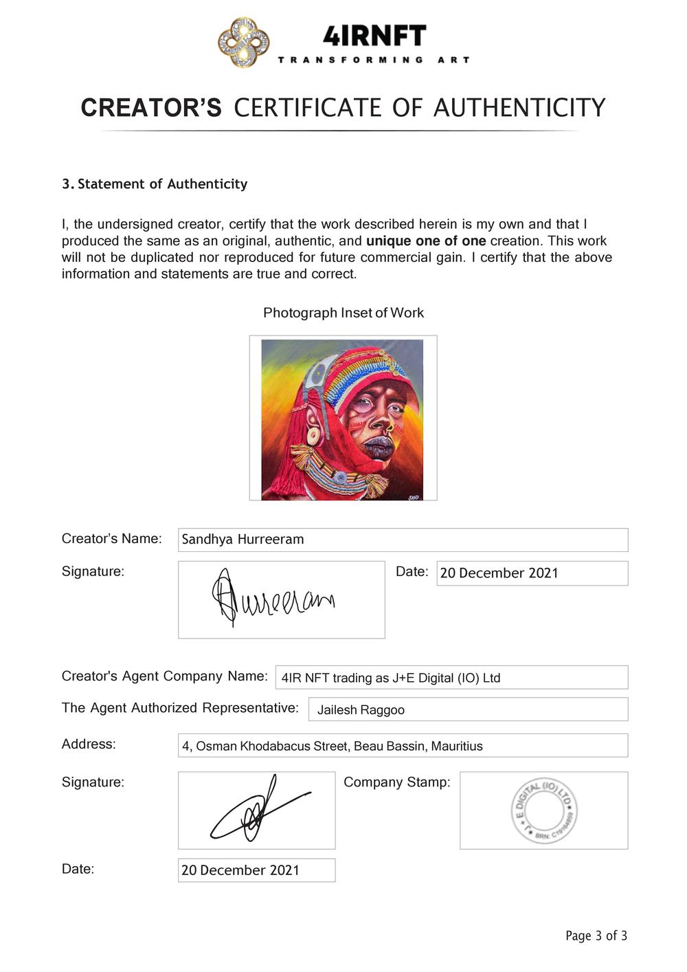 Certificate of Authenticity and Consignment - The Mighty warrior - Samburu Tribe