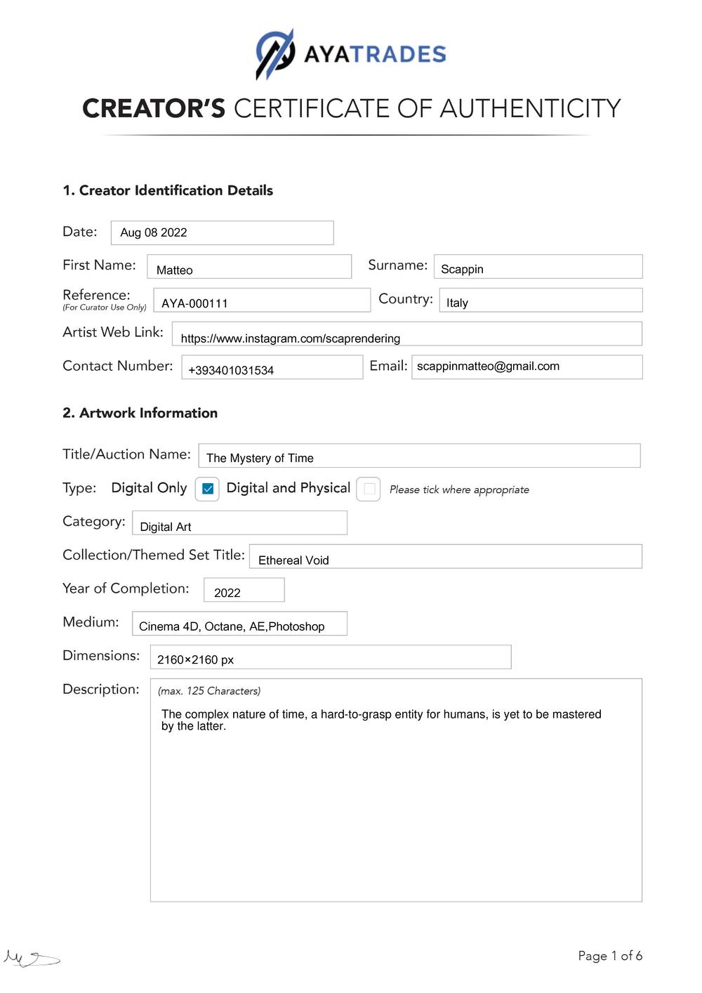 Certificate of Authenticity and Consignment - The Mystery Of Time