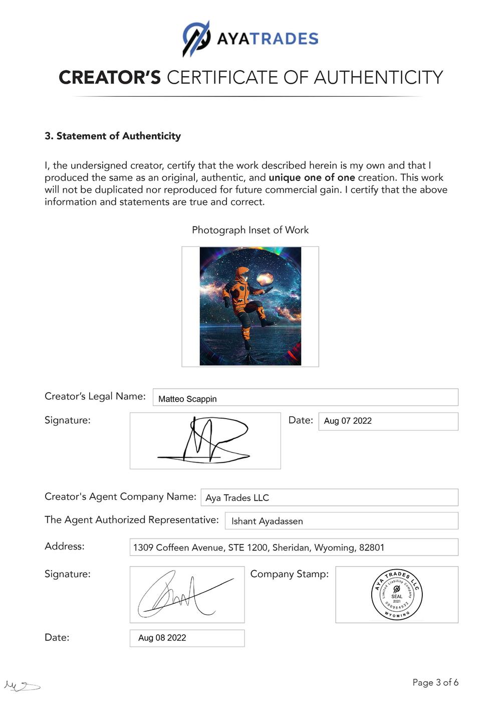 Certificate of Authenticity and Consignment - The Mystery Of Time