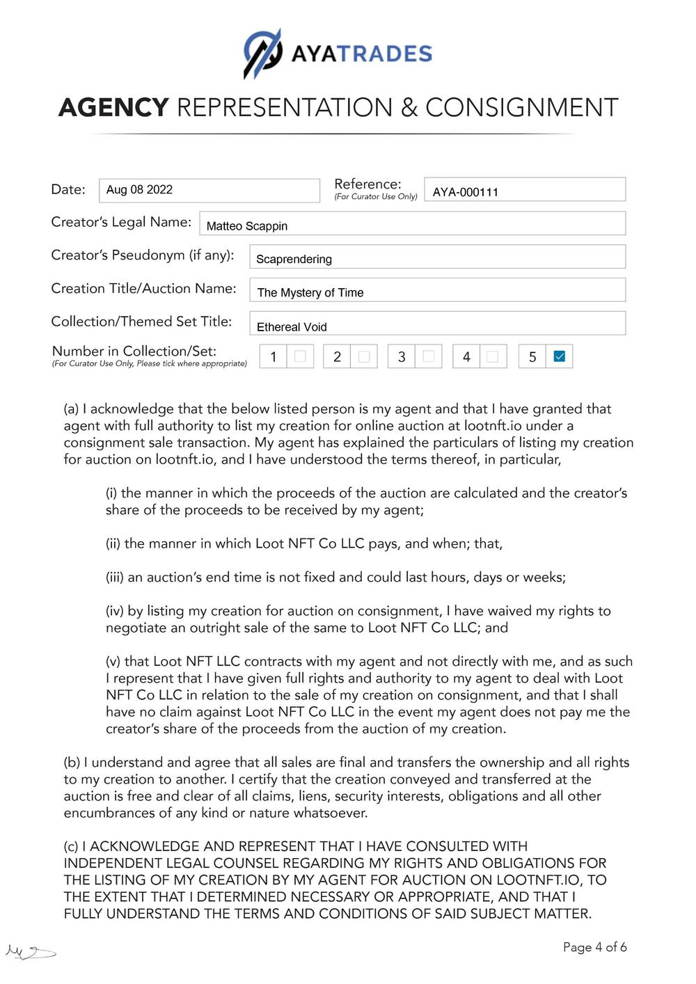 Certificate of Authenticity and Consignment - The Mystery Of Time