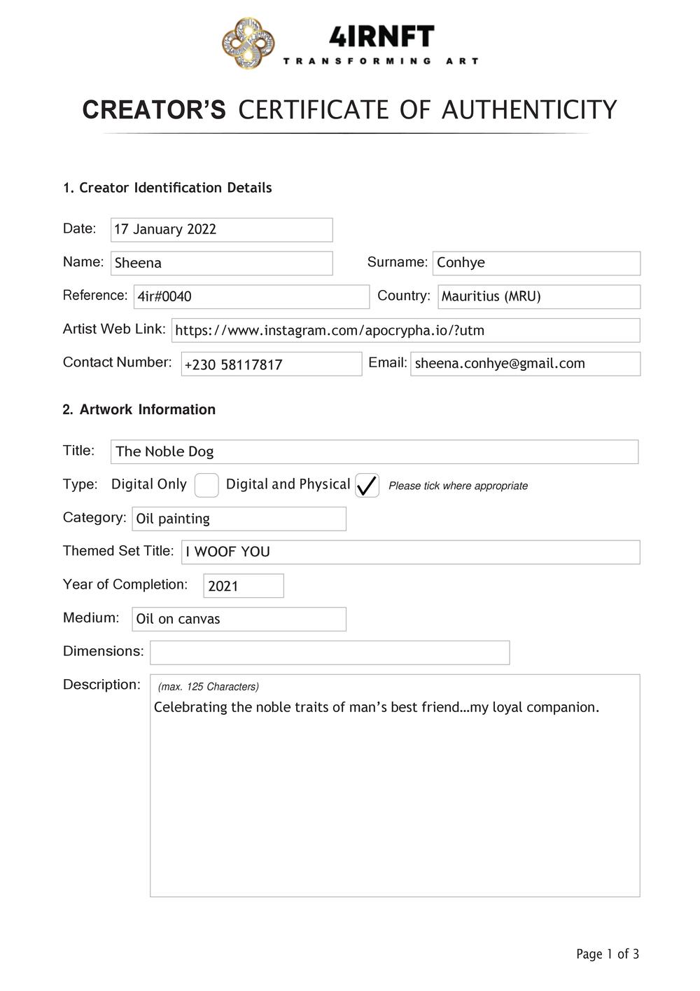Certificate of Authenticity and Consignment - The Noble Dog