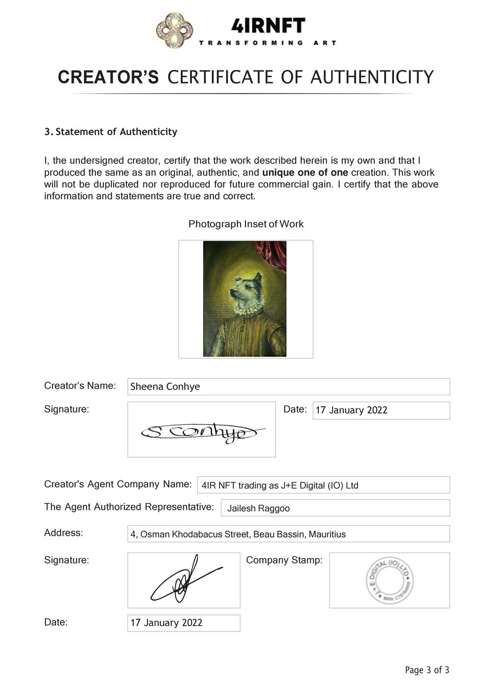 Certificate of Authenticity and Consignment - The Noble Dog