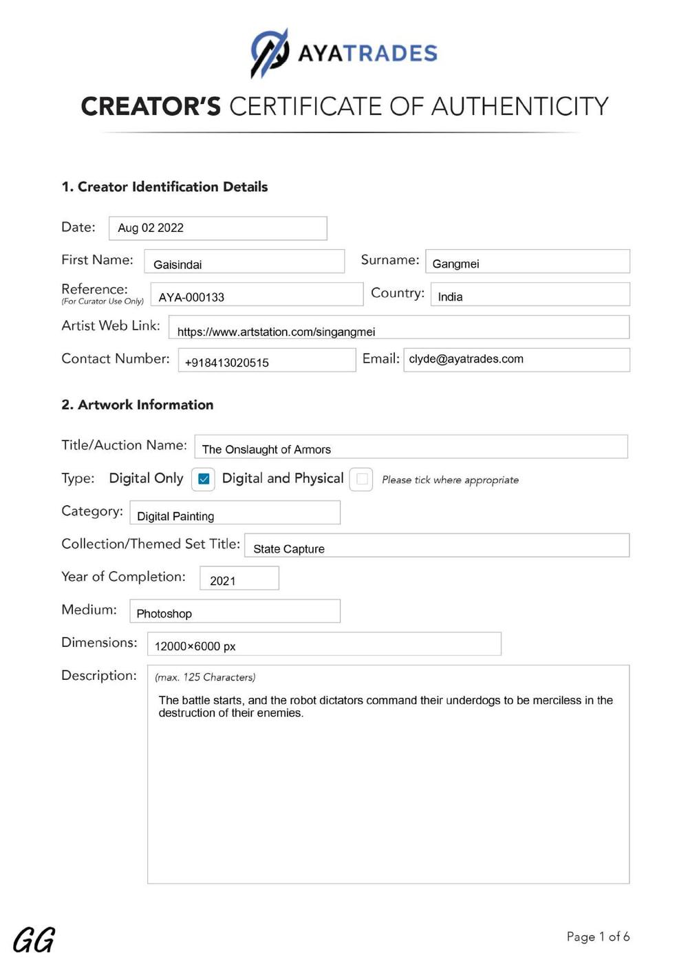 Certificate of Authenticity and Consignment - The Onslaught of Armors