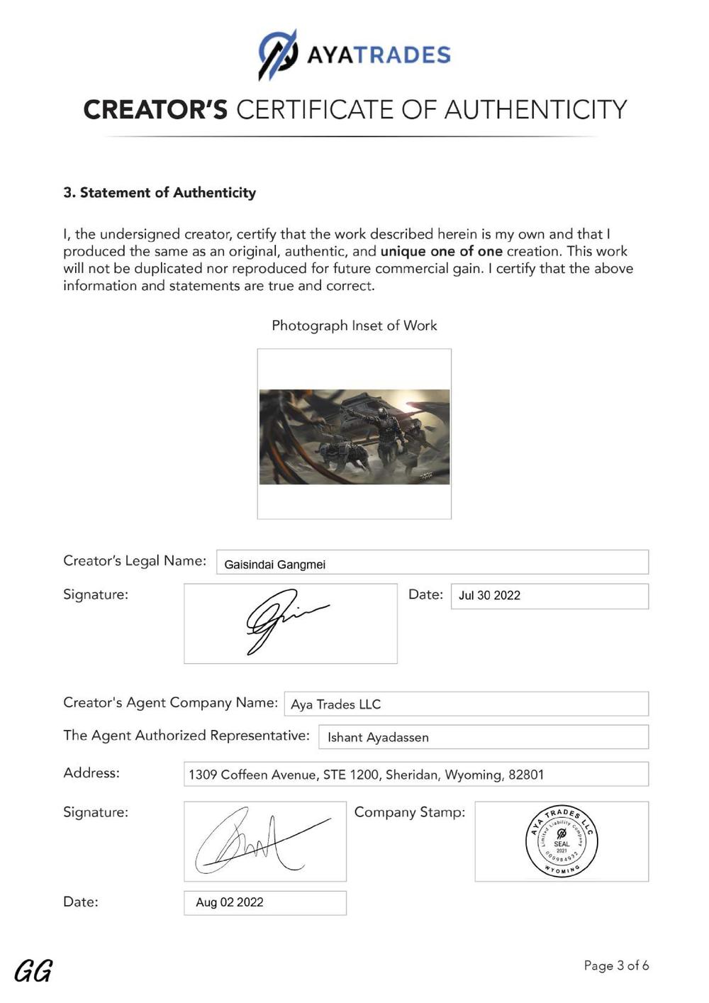 Certificate of Authenticity and Consignment - The Onslaught of Armors