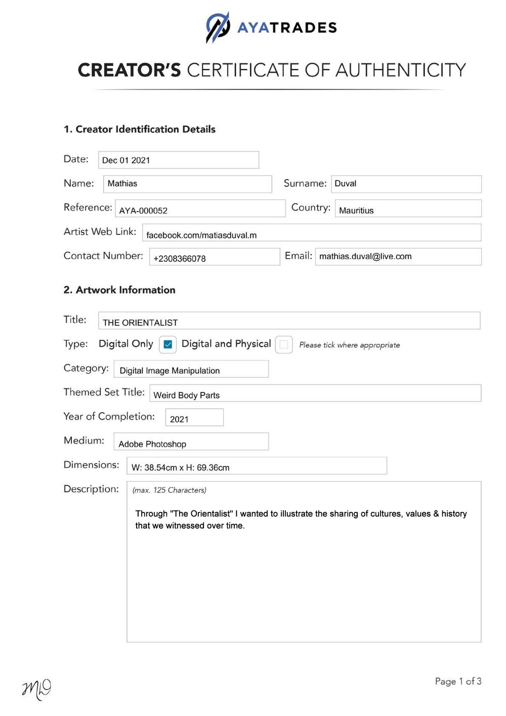 Certificate of Authenticity and Consignment - The Orientalist