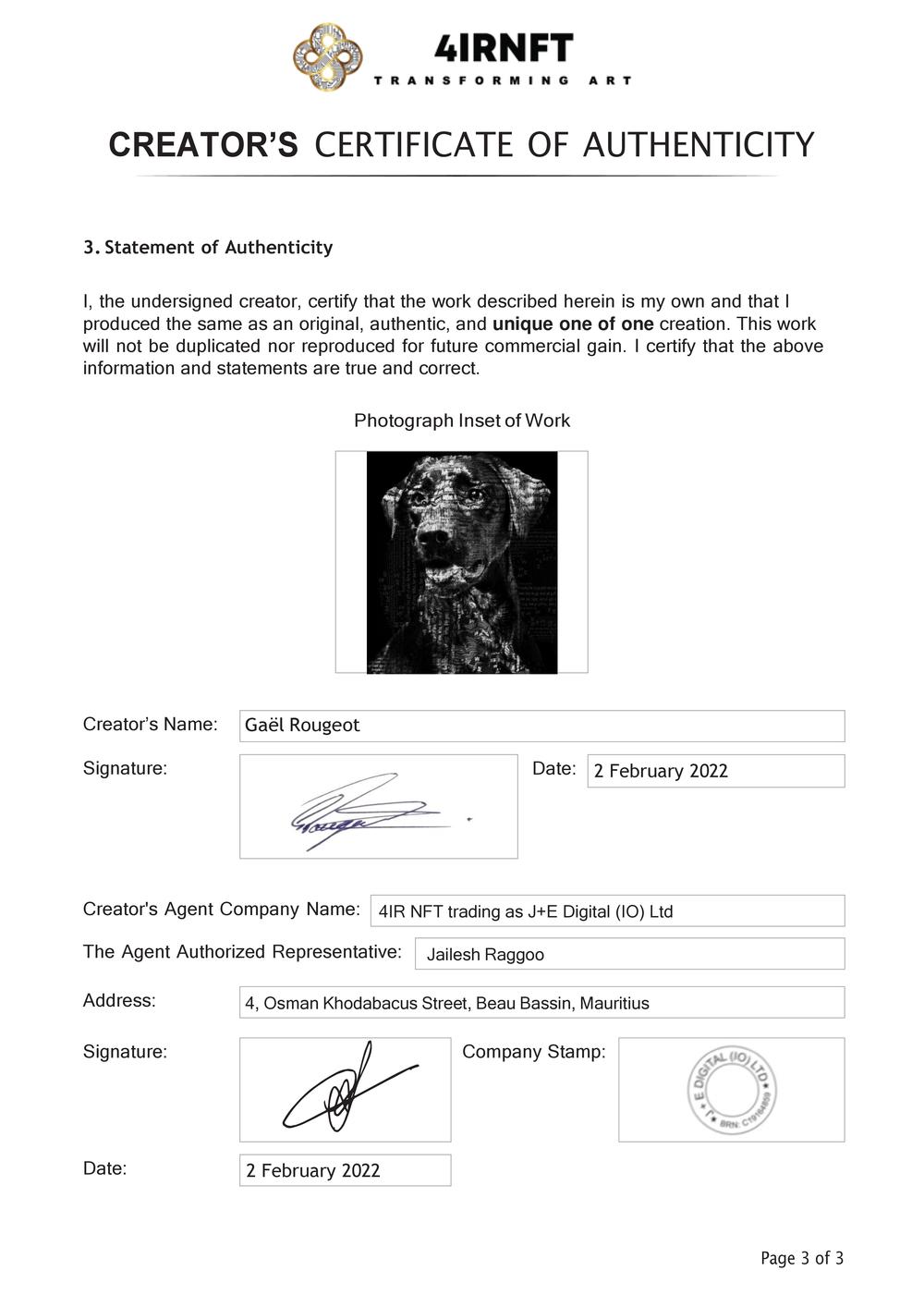 Certificate of Authenticity and Consignment - The Poetry Dog