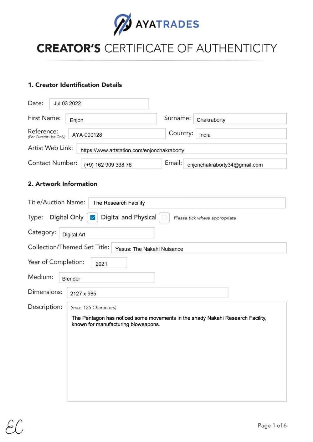 Certificate of Authenticity and Consignment - The Research Facility