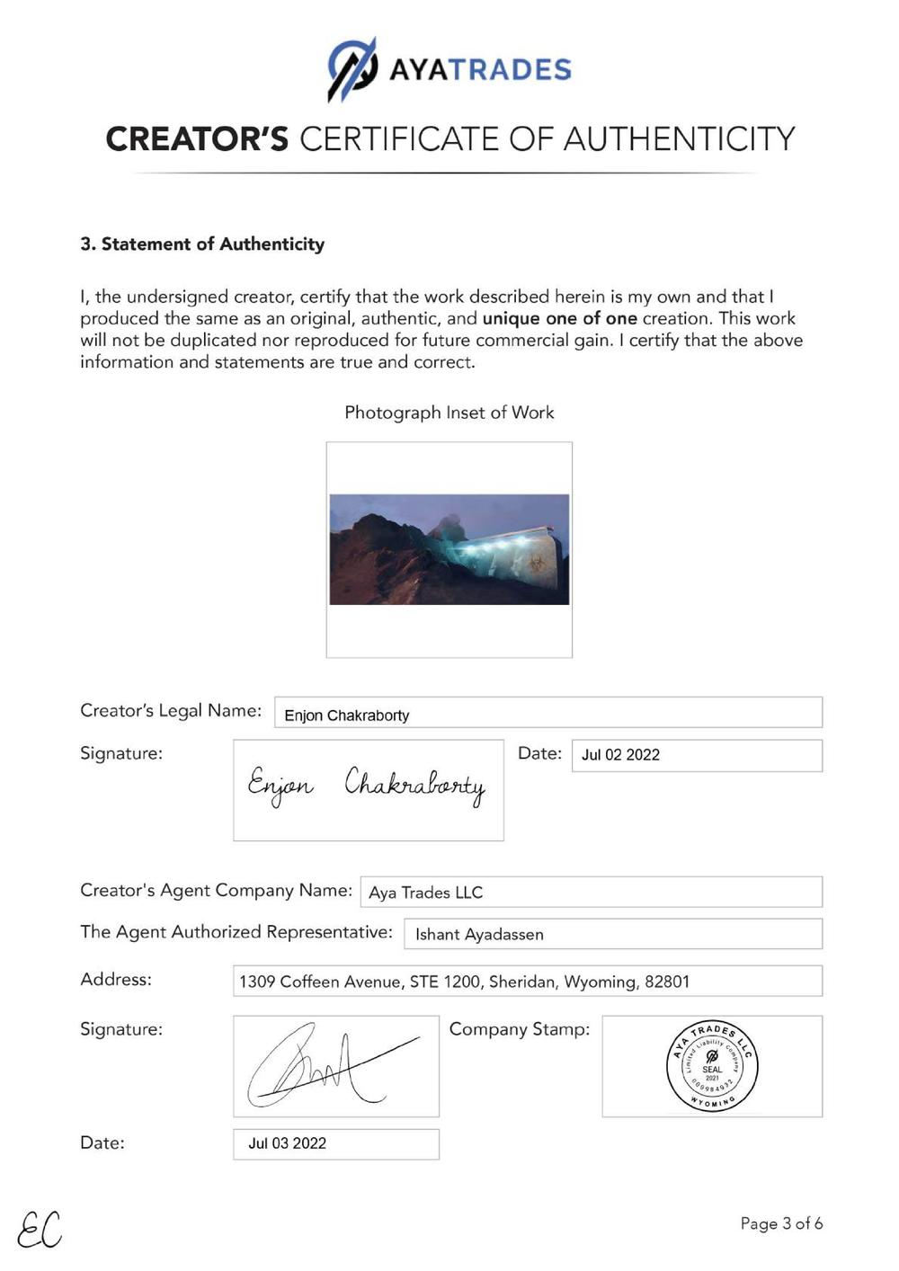Certificate of Authenticity and Consignment - The Research Facility