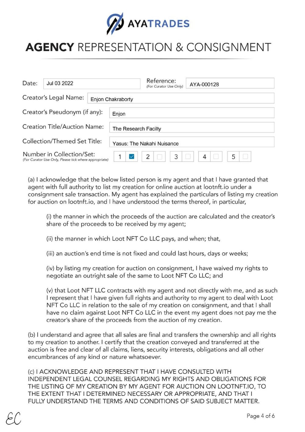 Certificate of Authenticity and Consignment - The Research Facility