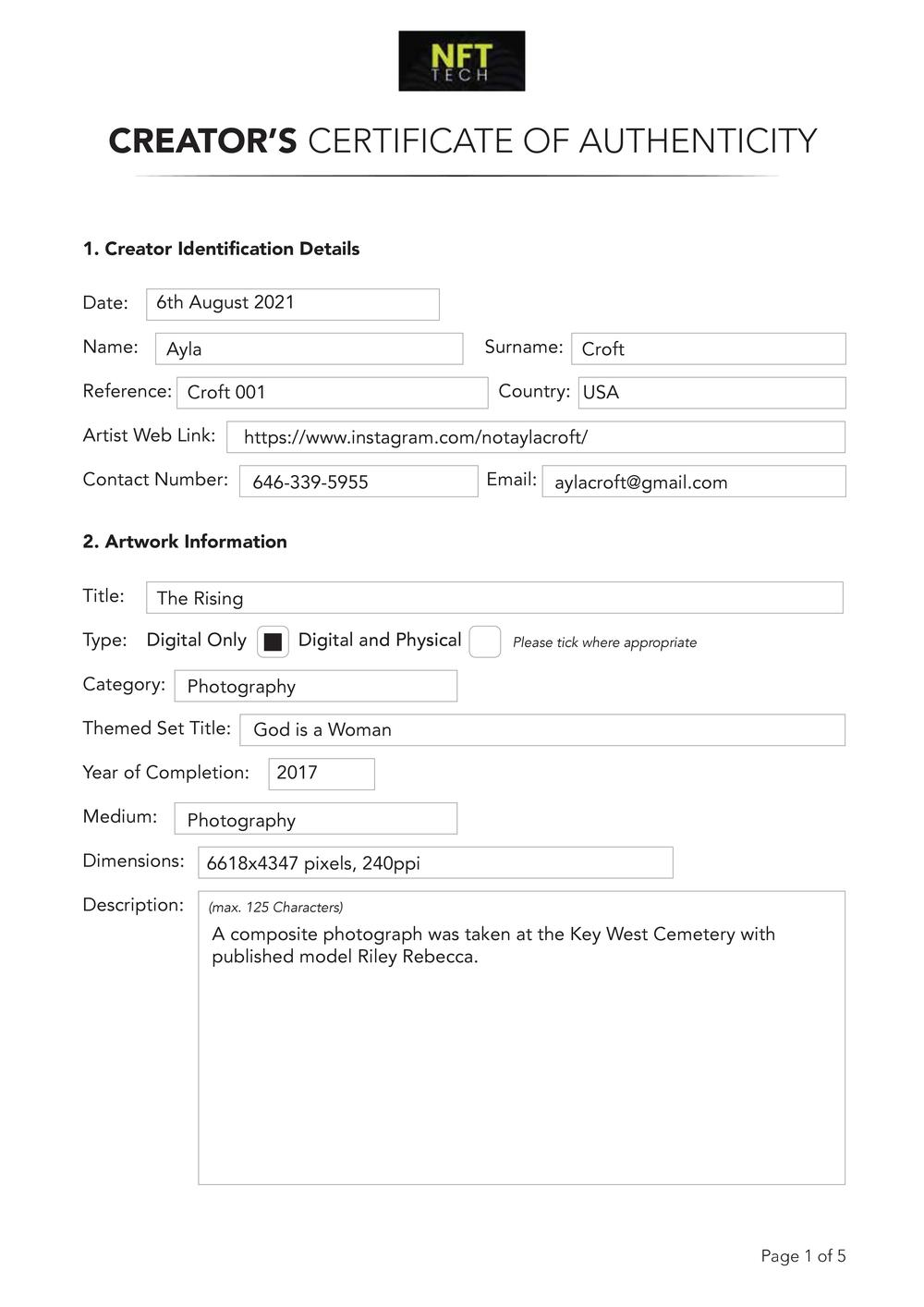 Certificate of Authenticity and Consignment - The Rising