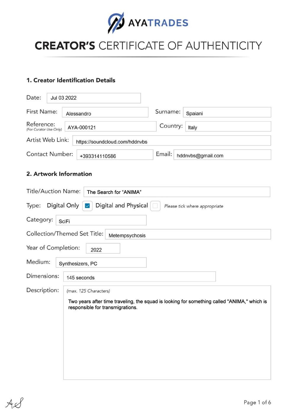 Certificate of Authenticity and Consignment - The Search for ANIMA