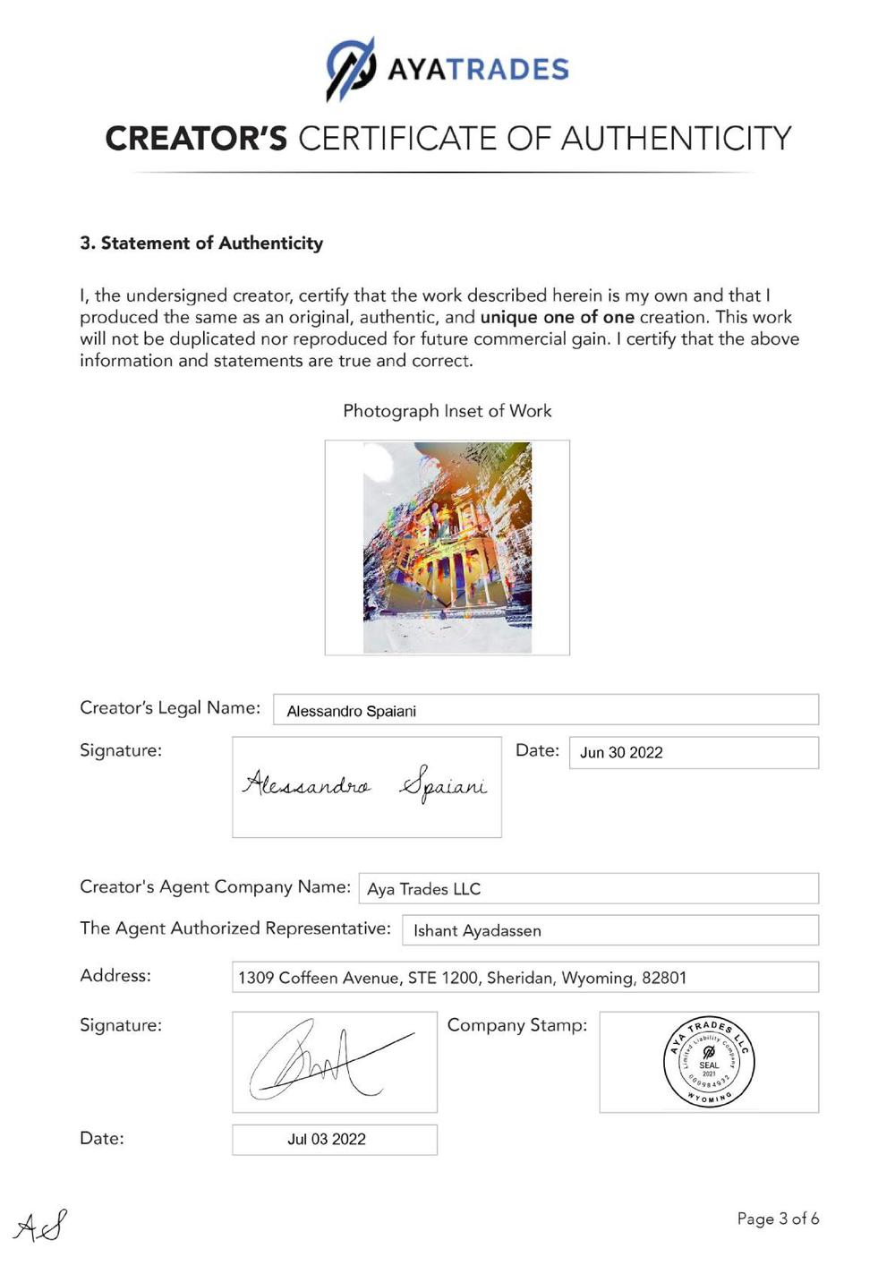 Certificate of Authenticity and Consignment - The Search for ANIMA