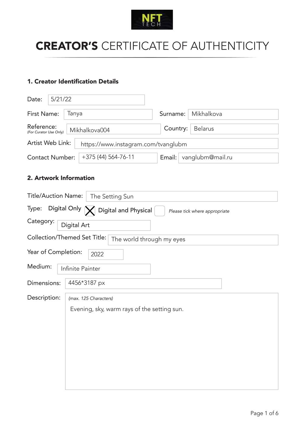 Certificate of Authenticity and Consignment - The Setting Sun