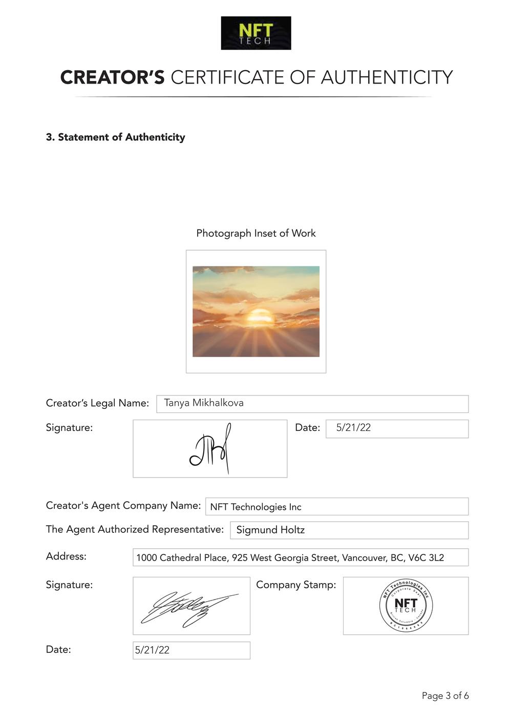 Certificate of Authenticity and Consignment - The Setting Sun