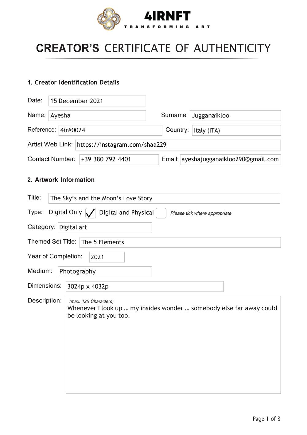 Certificate of Authenticity and Consignment - The Skys and the Moons Love Story