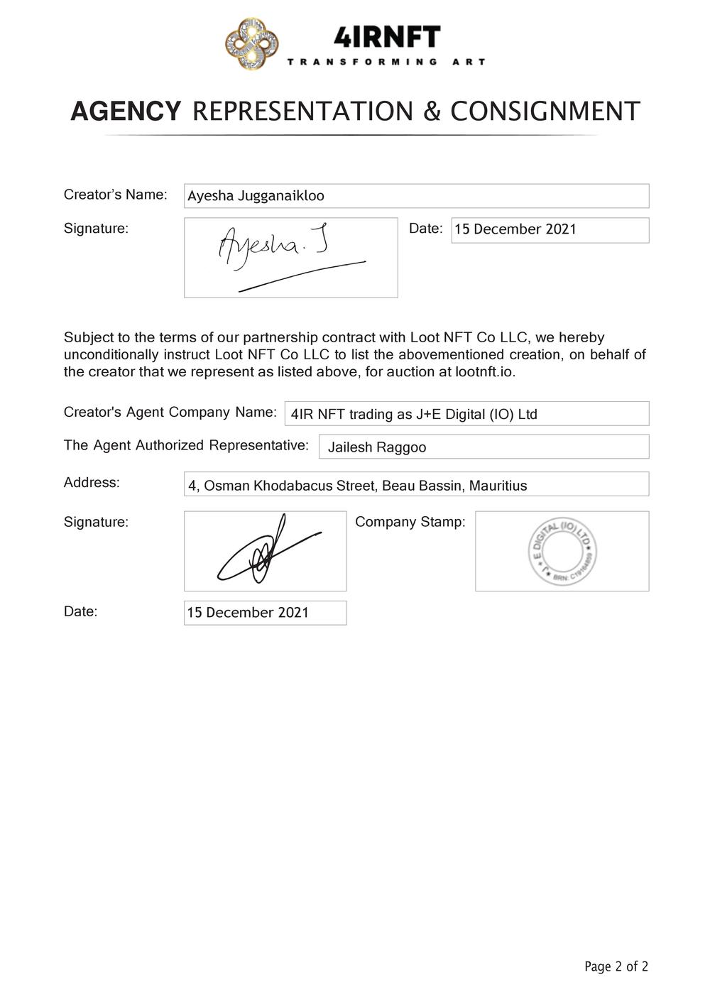 Certificate of Authenticity and Consignment - The Skys and the Moons Love Story