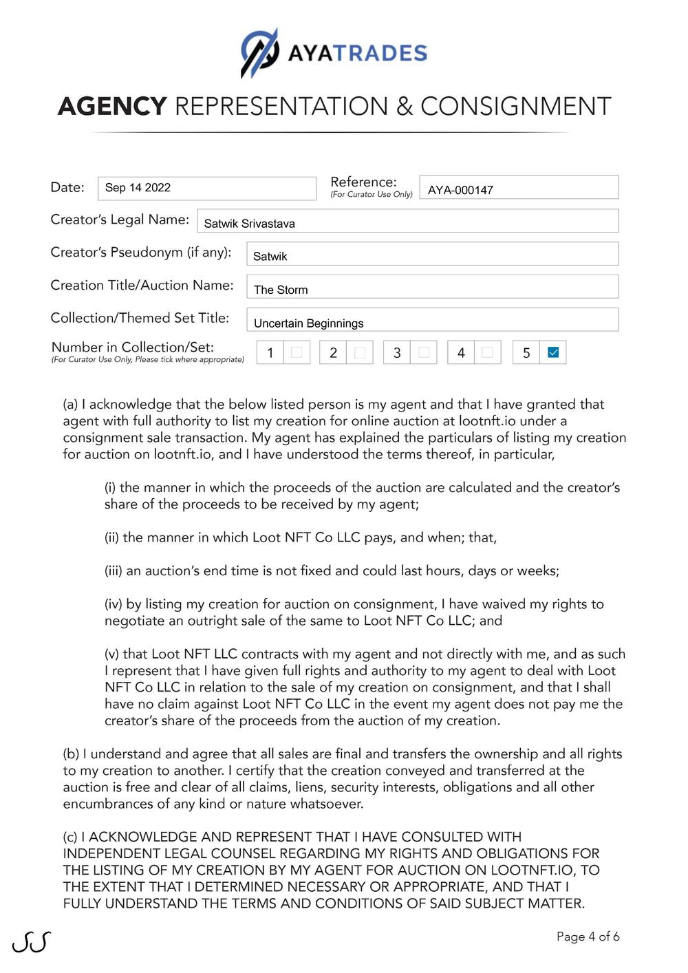 Certificate of Authenticity and Consignment - The Storm