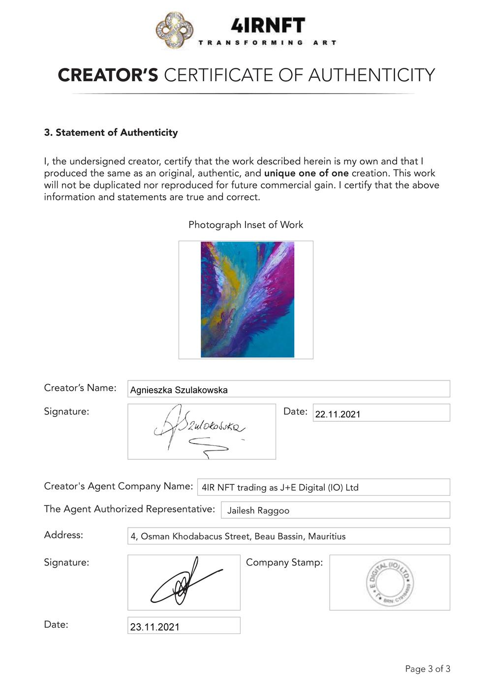 Certificate of Authenticity and Consignment - The Wings Of Love