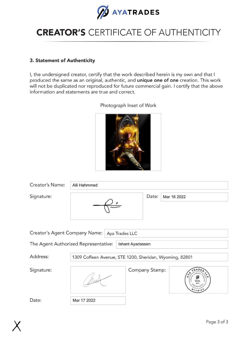 Certificate of Authenticity and Consignment - Theia