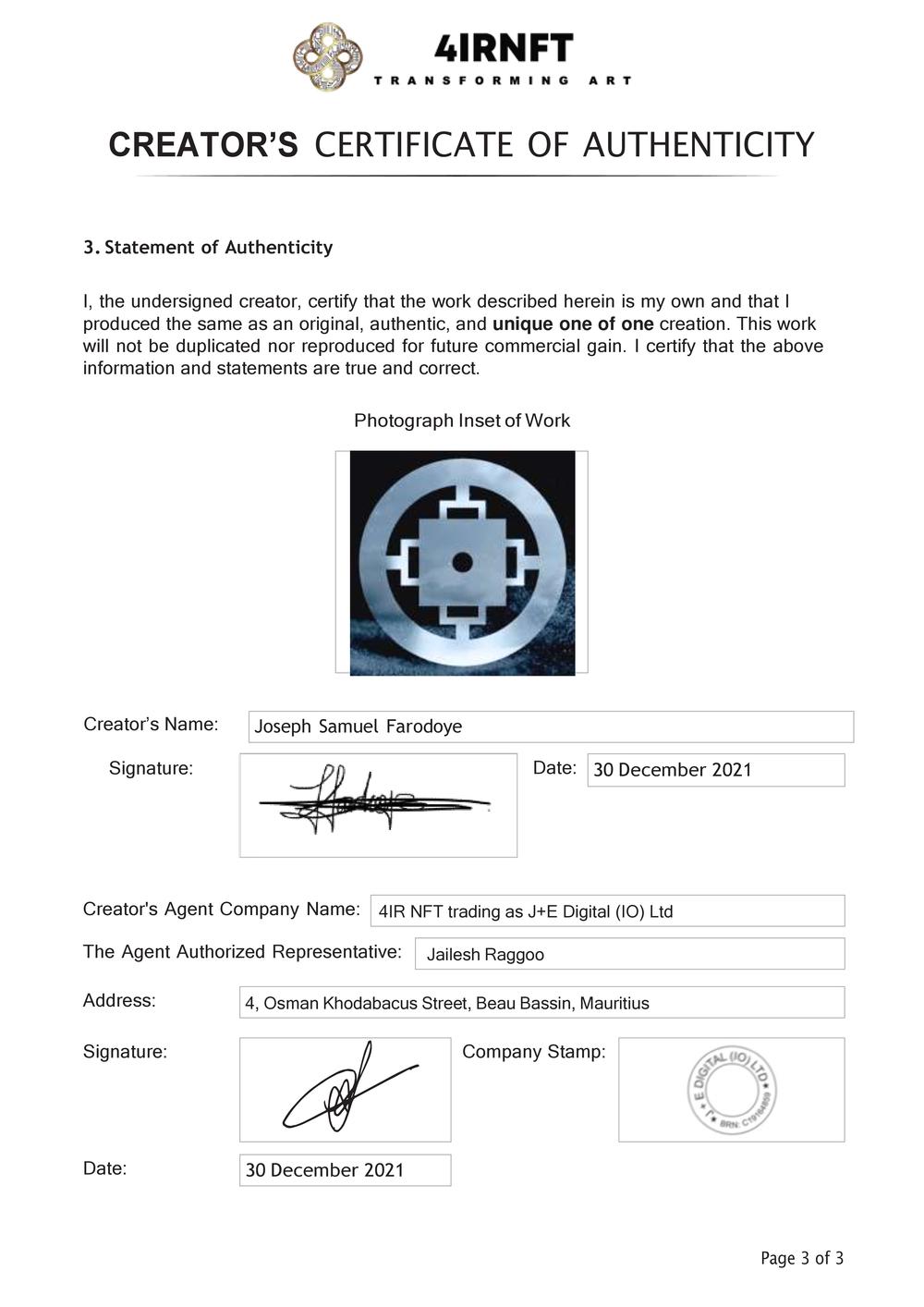 Certificate of Authenticity and Consignment - This Is Freedom