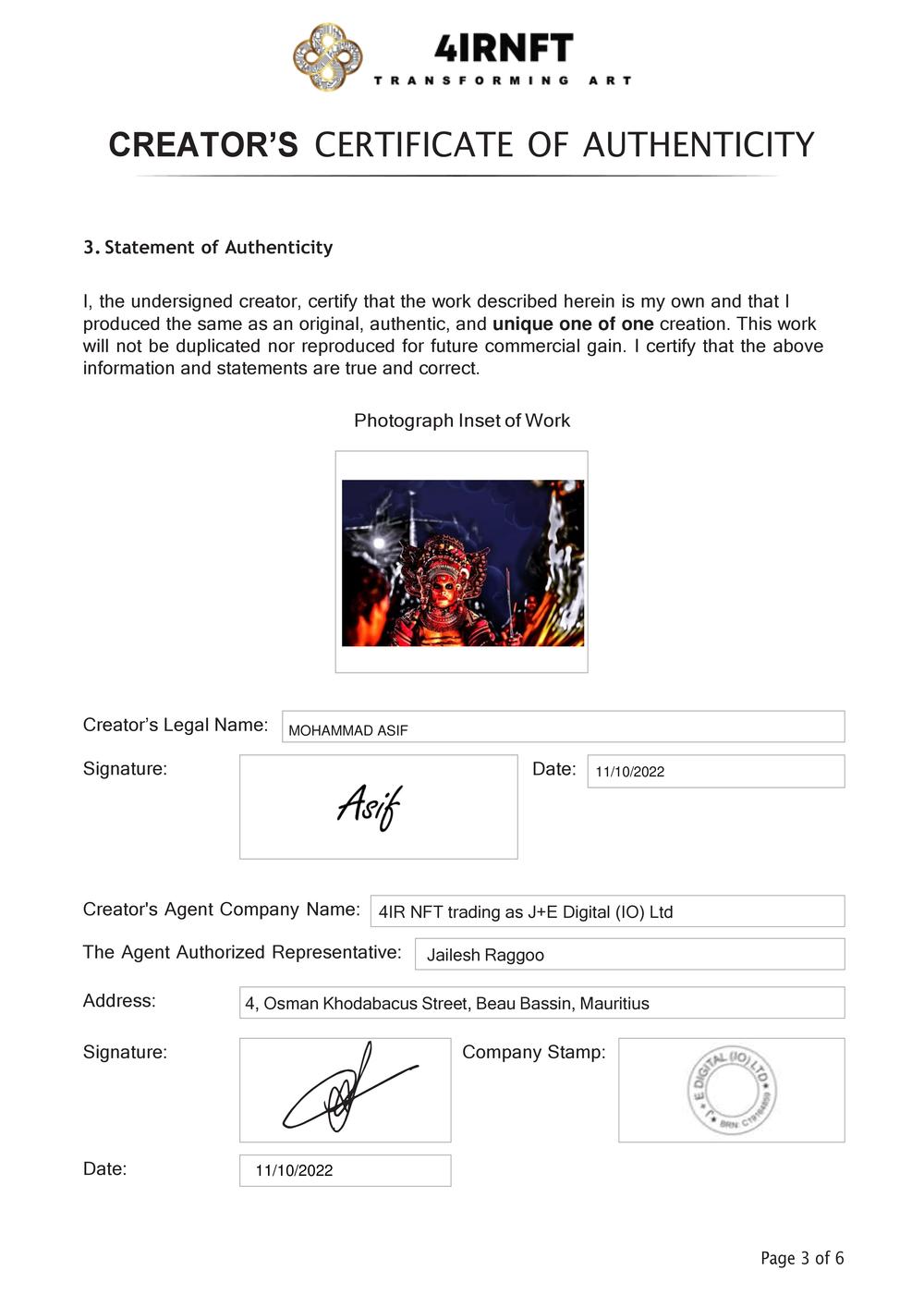 Certificate of Authenticity and Consignment - Thunder of Existence