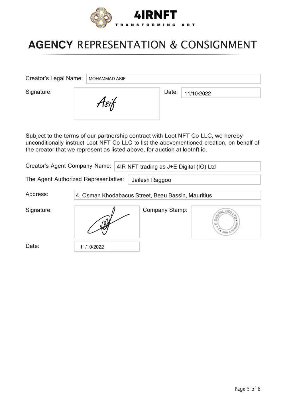 Certificate of Authenticity and Consignment - Thunder of Existence