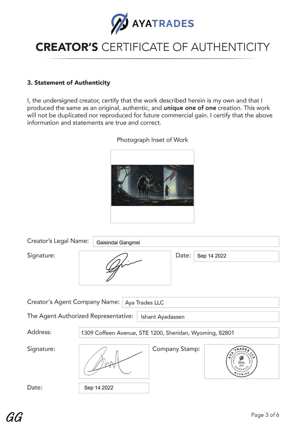 Certificate of Authenticity and Consignment - Thy Wish Is My Command
