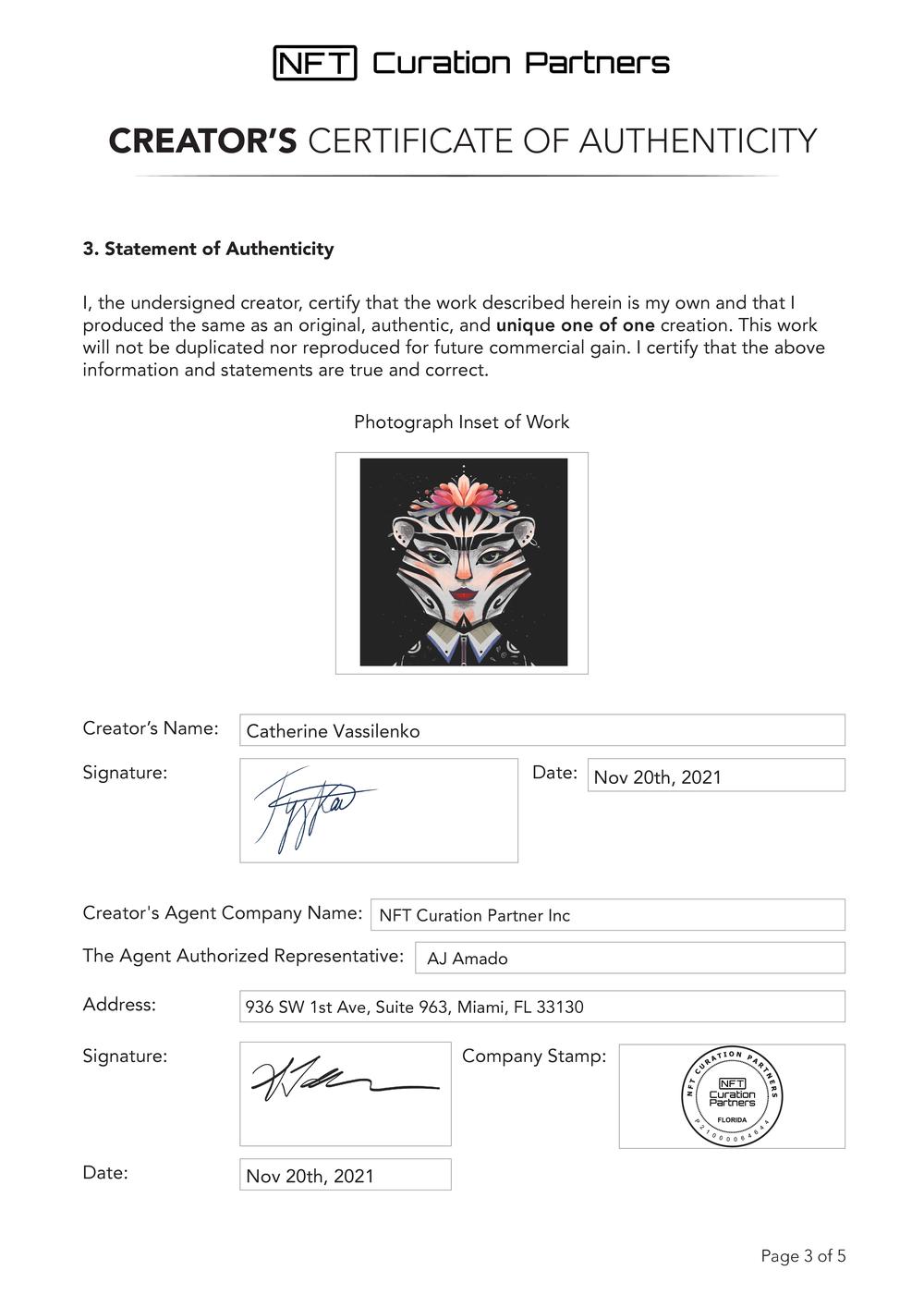 Certificate of Authenticity and Consignment - Tigris