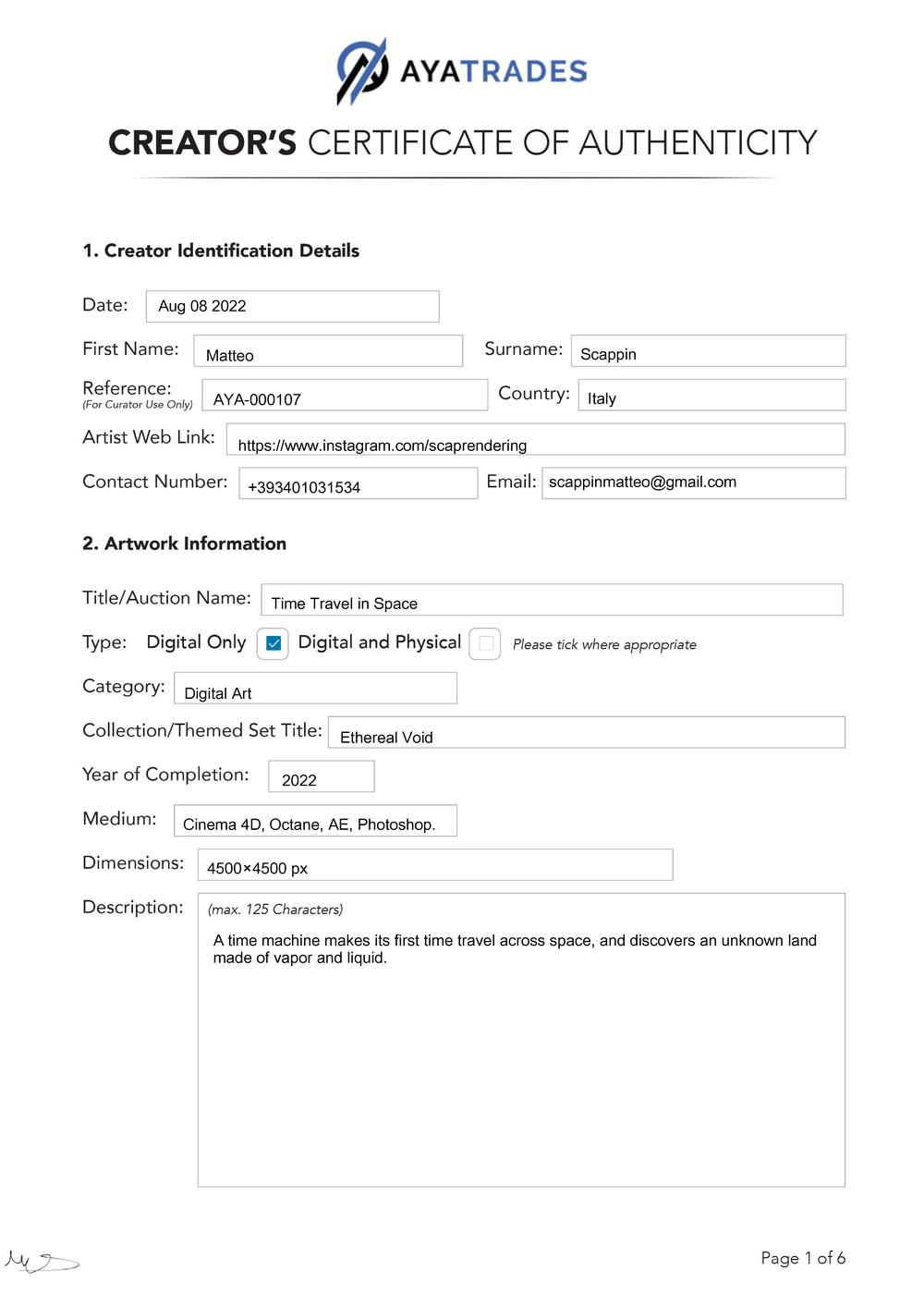 Certificate of Authenticity and Consignment - Time Travel In Space