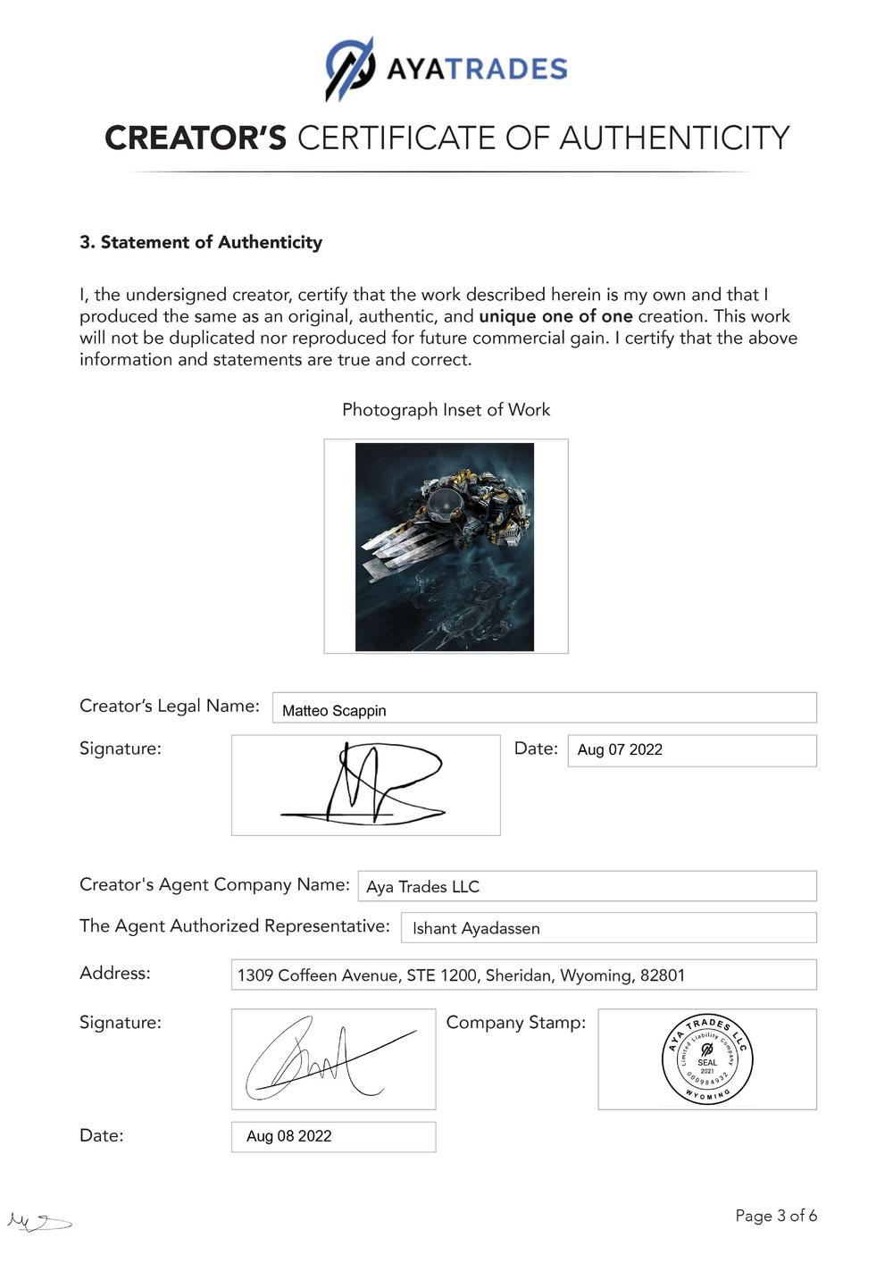 Certificate of Authenticity and Consignment - Time Travel In Space