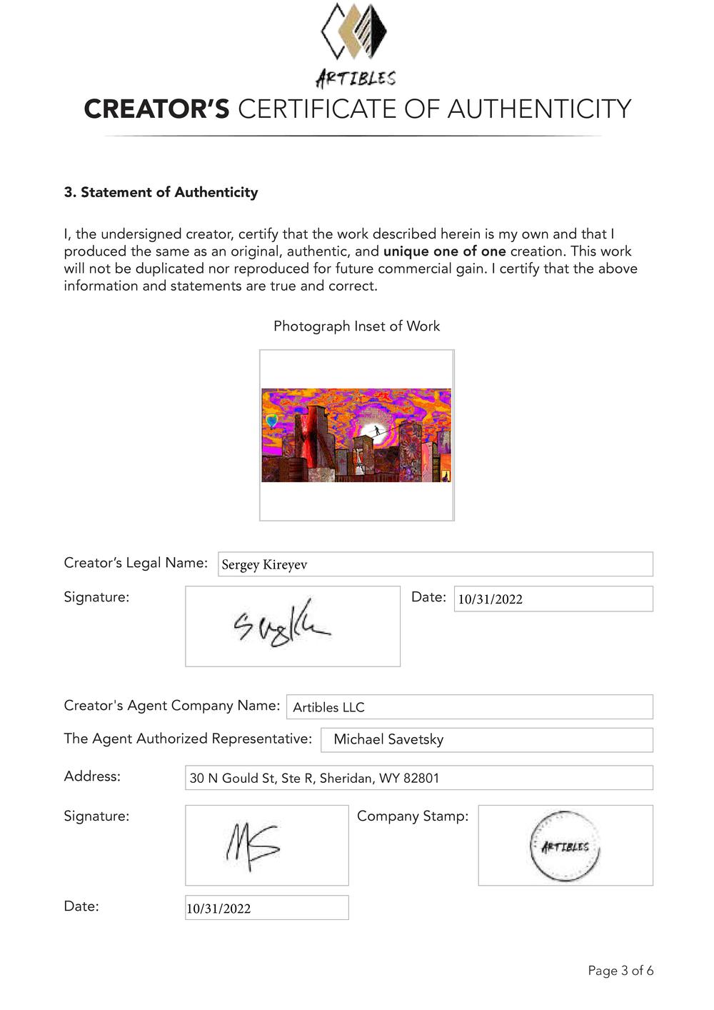 Certificate of Authenticity and Consignment - To Each His Own