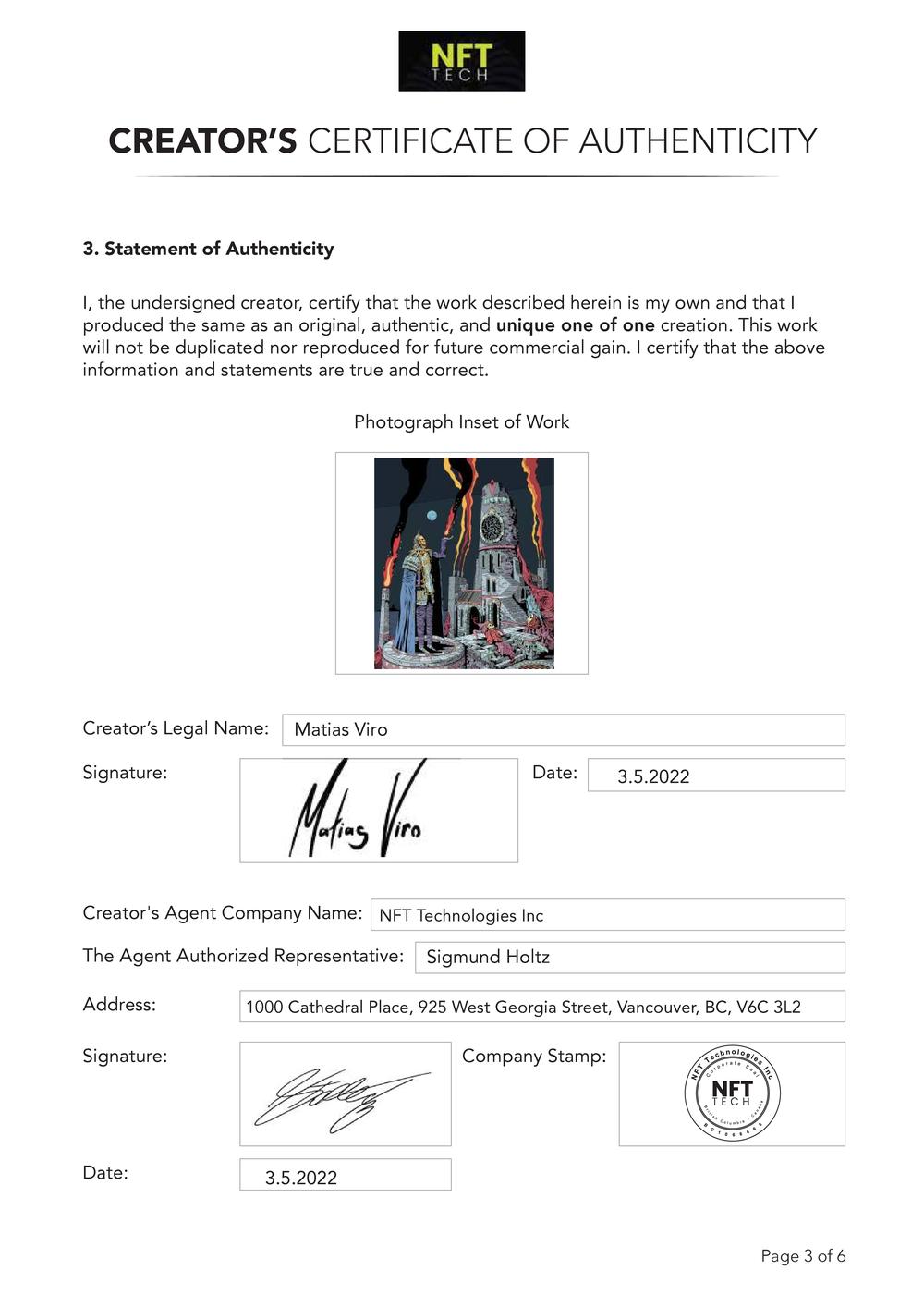 Certificate of Authenticity and Consignment - Tower of Flames