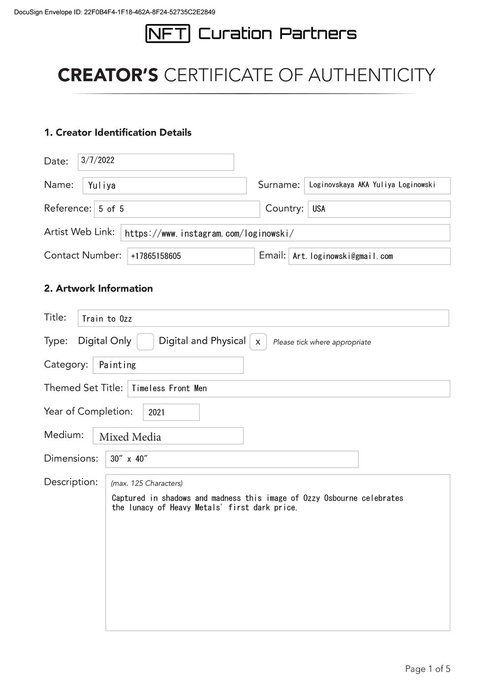 Certificate of Authenticity and Consignment - Train to Ozz