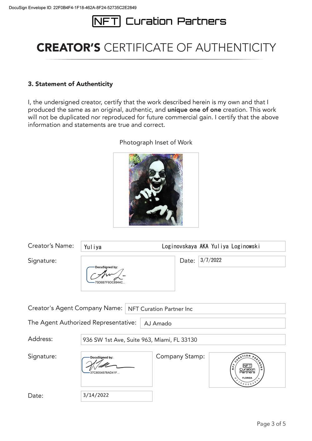 Certificate of Authenticity and Consignment - Train to Ozz