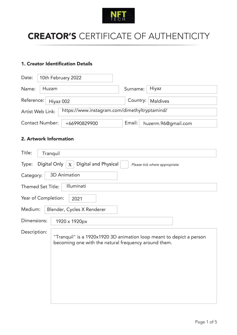 Certificate of Authenticity and Consignment - Tranquil