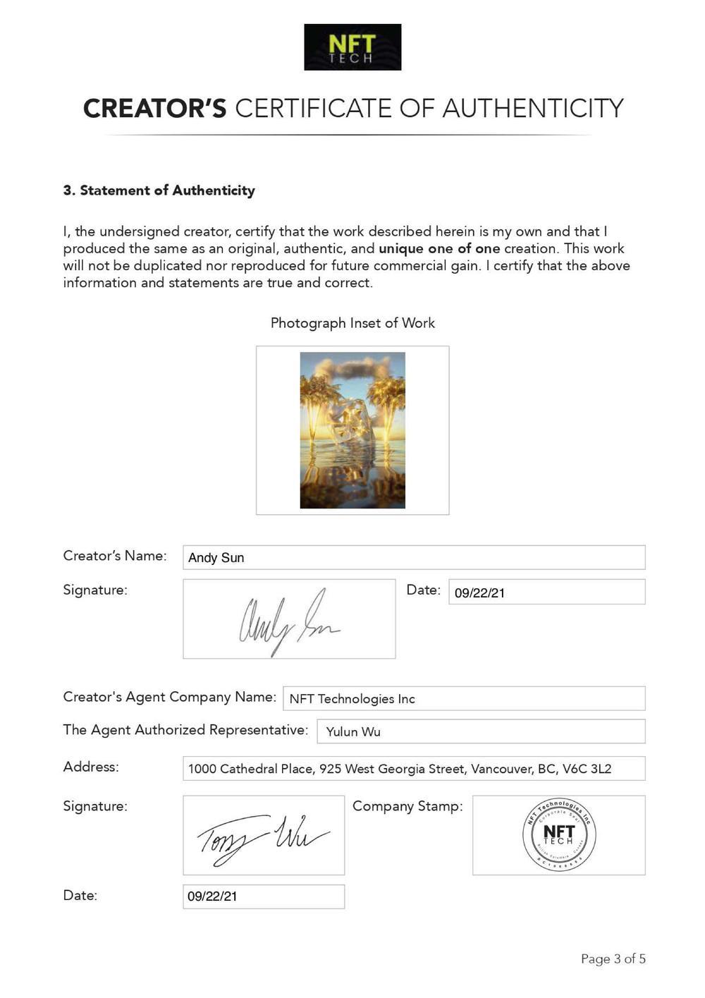 Certificate of Authenticity and Consignment - Trapped in Temptation
