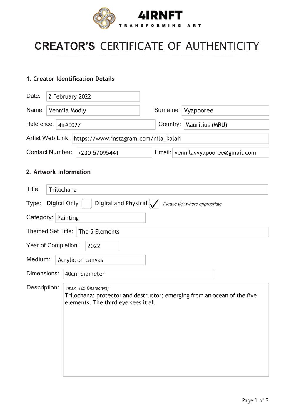 Certificate of Authenticity and Consignment - Trilochana