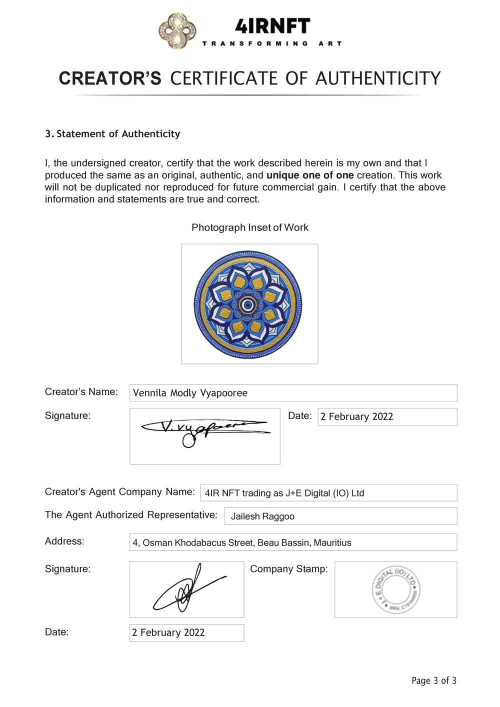 Certificate of Authenticity and Consignment - Trilochana