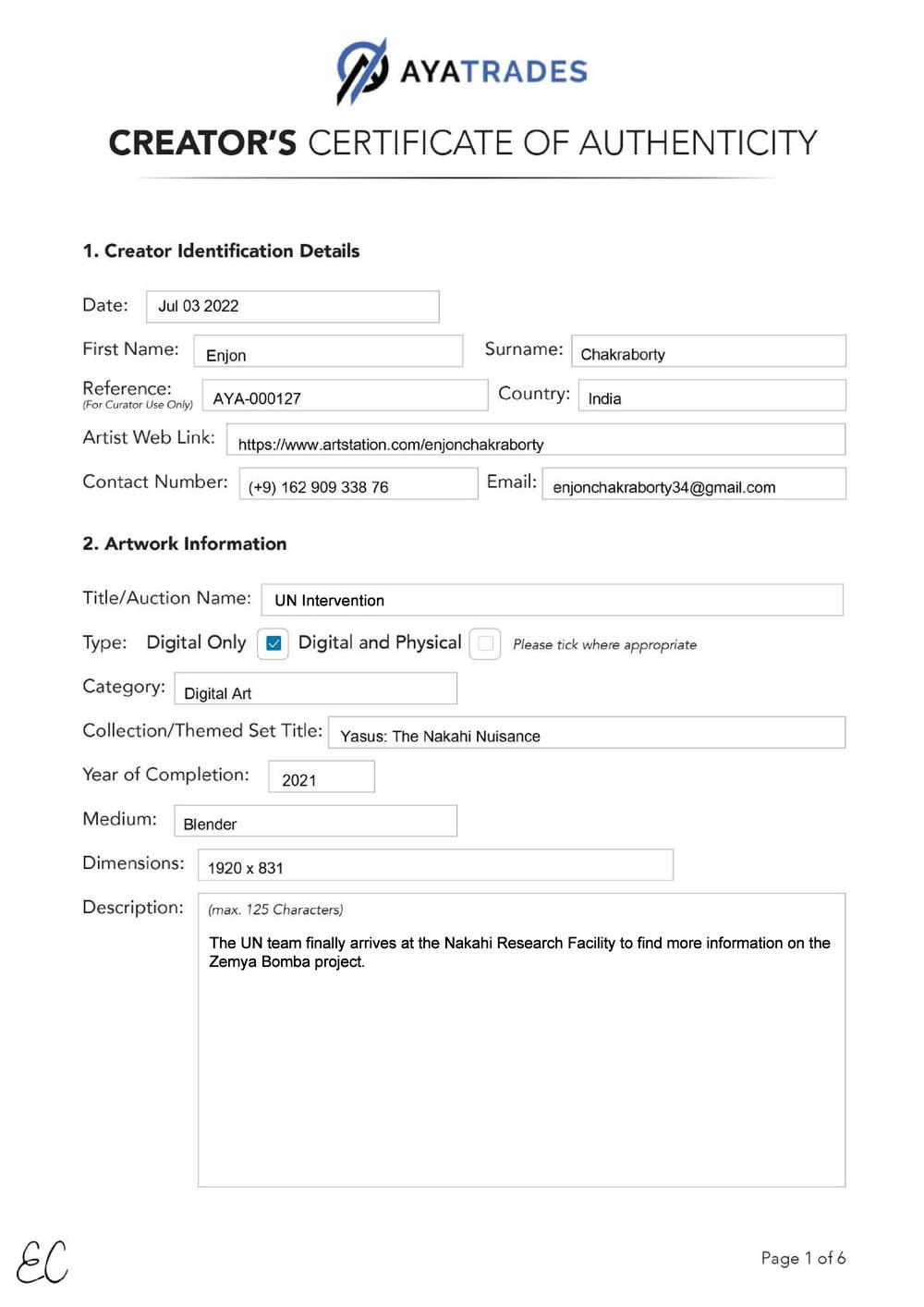 Certificate of Authenticity and Consignment - UN Intervention