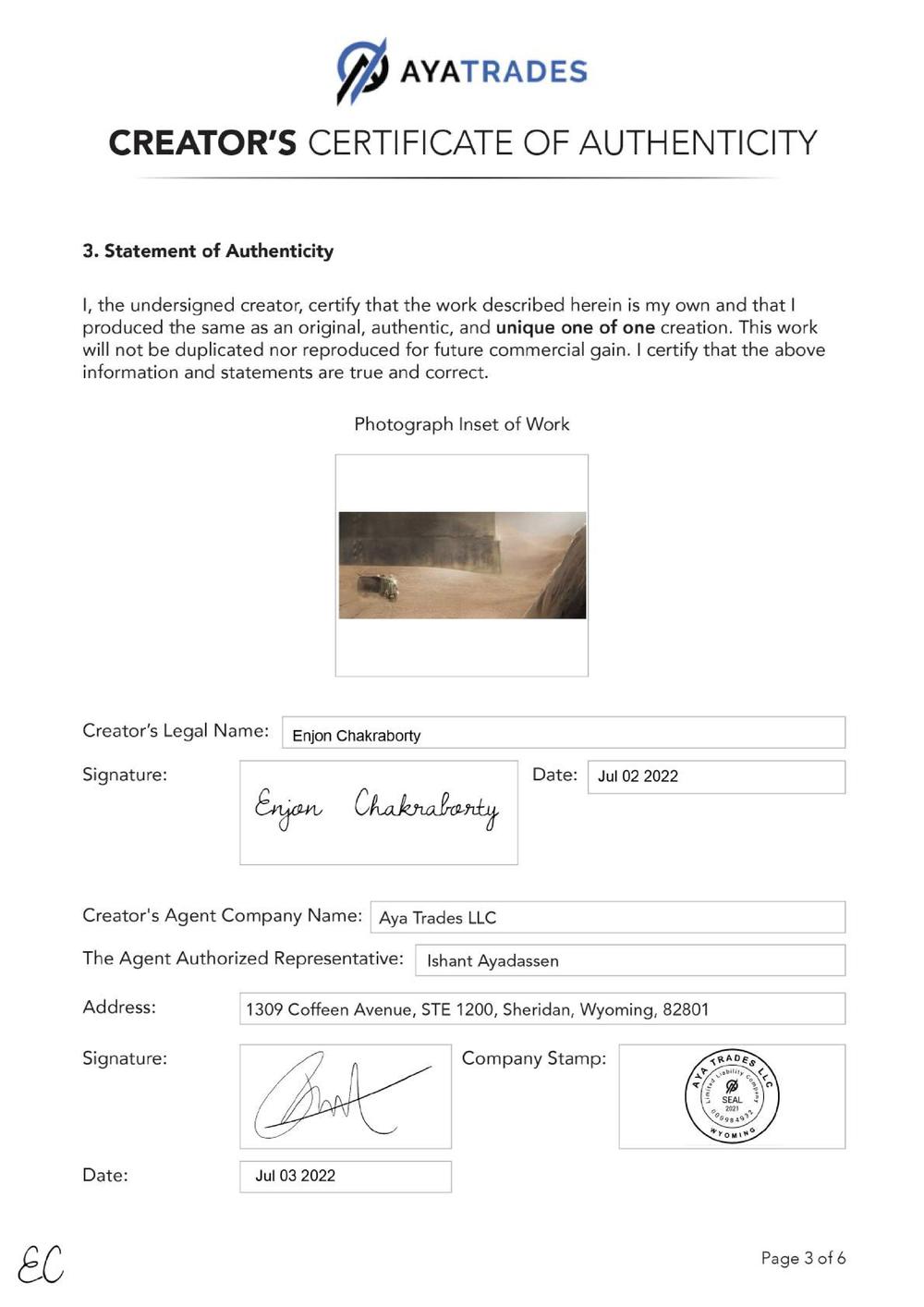 Certificate of Authenticity and Consignment - UN Intervention