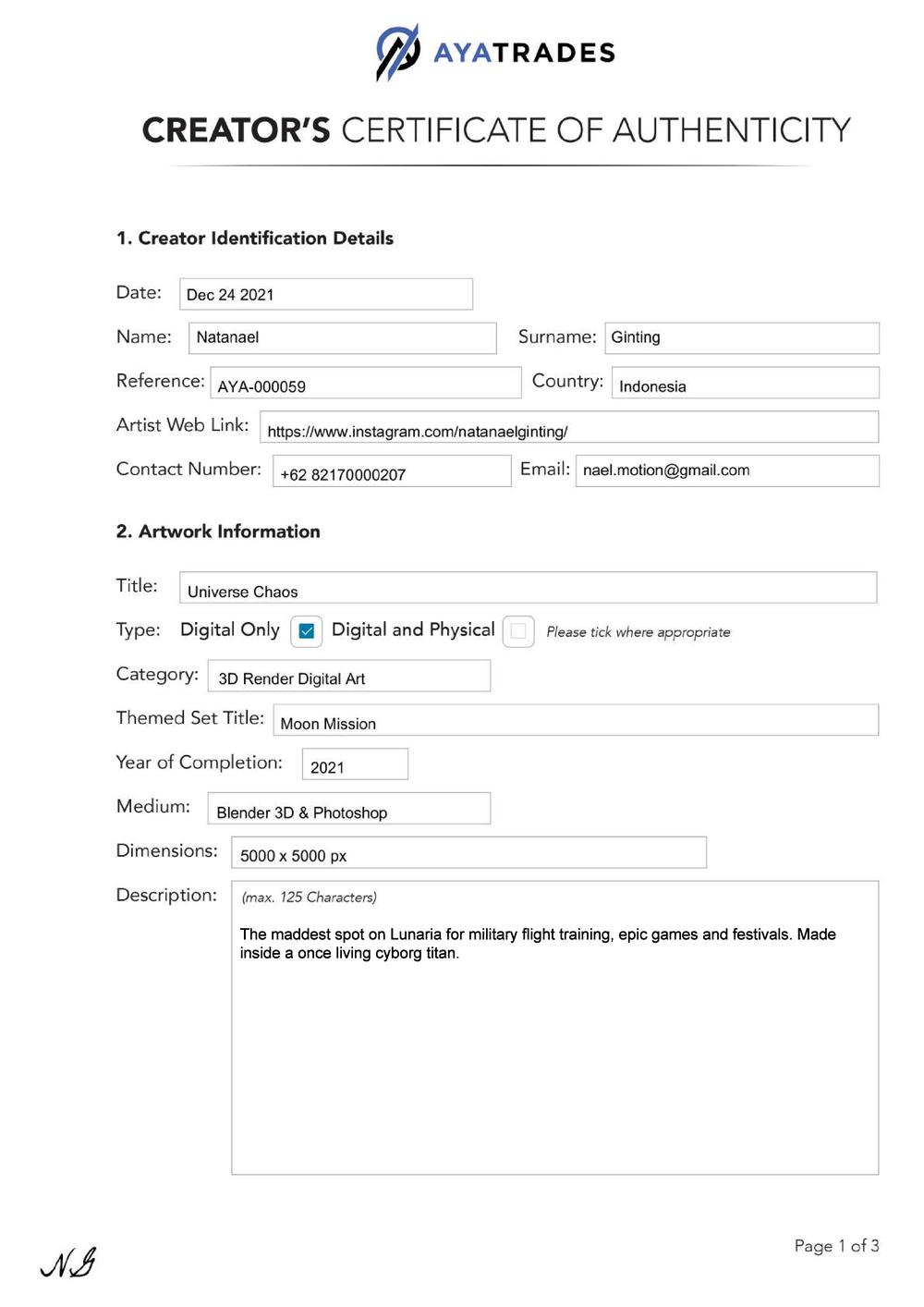 Certificate of Authenticity and Consignment - Universe Chaos